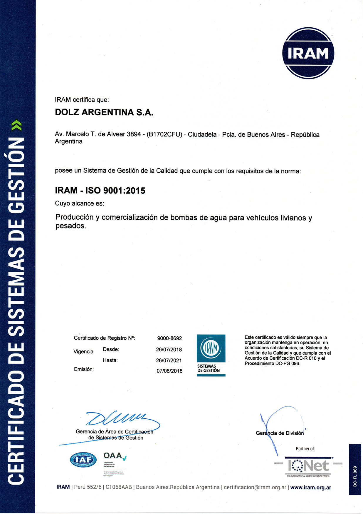 1. Certificado IRAM ISO 9001 20018