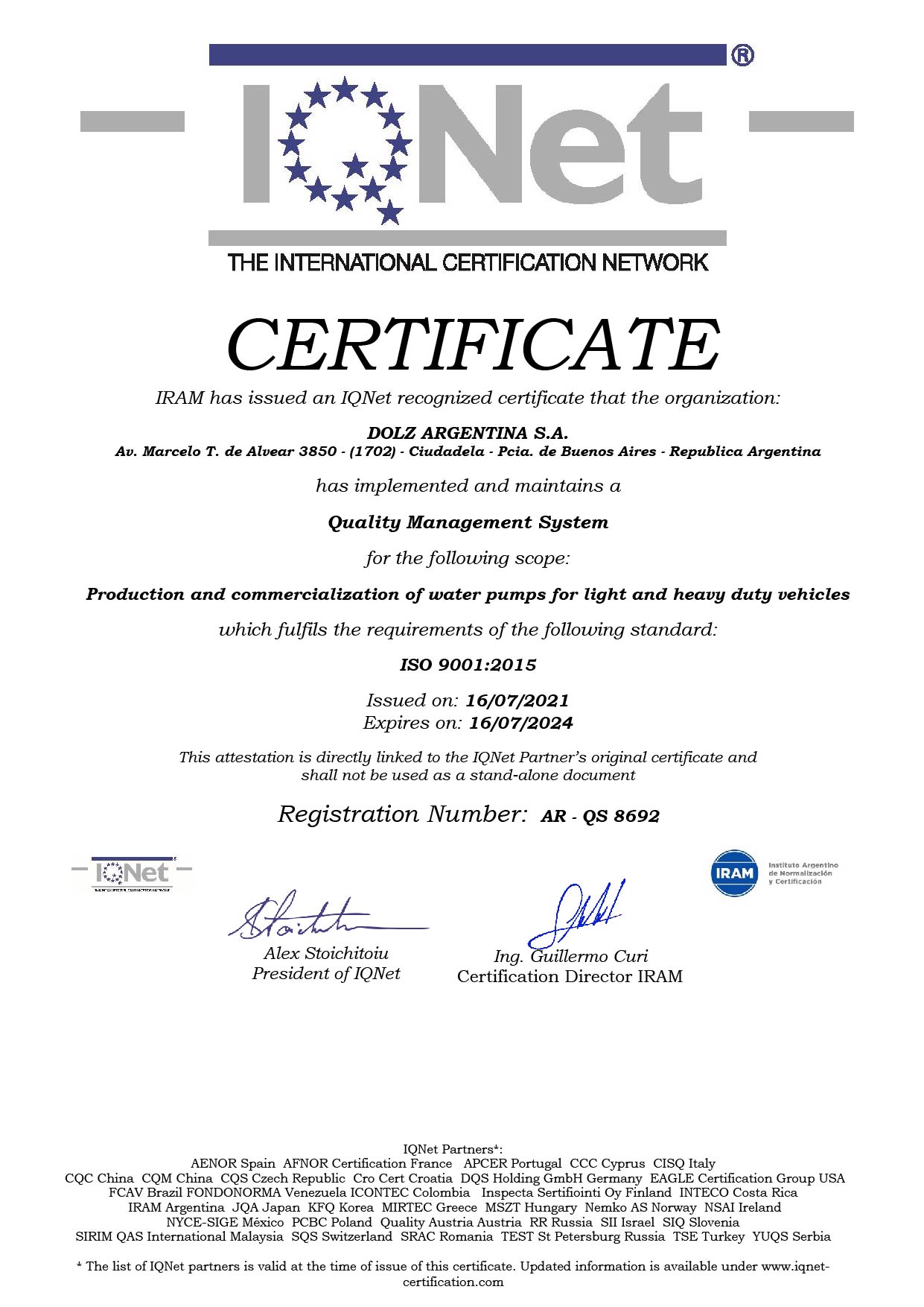 DOLZ ARGENTINA S.A. 9001 iqnet