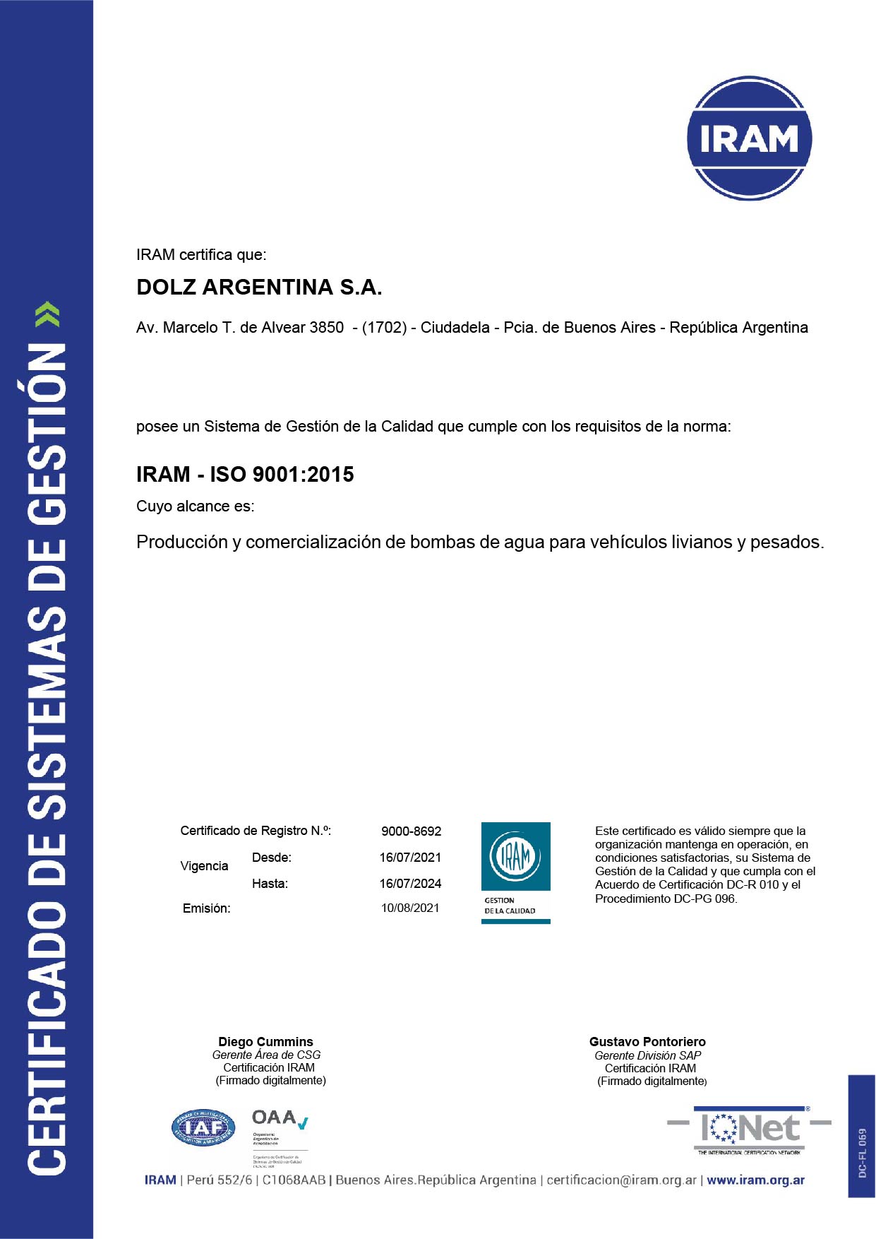 DOLZ ARGENTINA S.A. 9001 iram