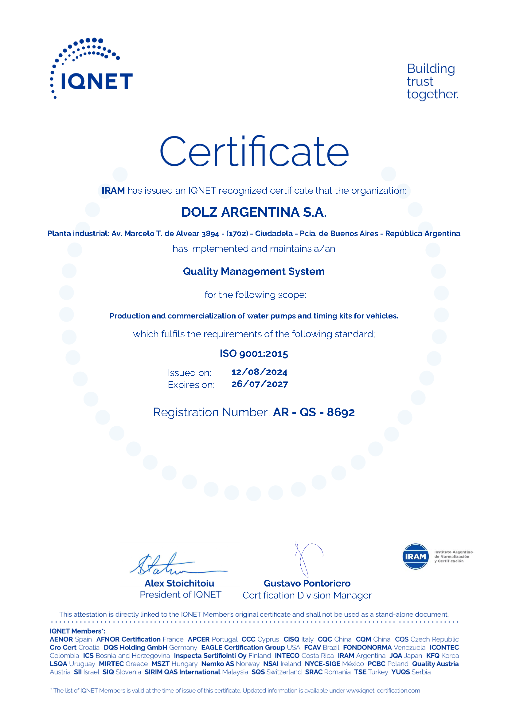 1. DOLZ ARG. S.A 9001 iqnet
